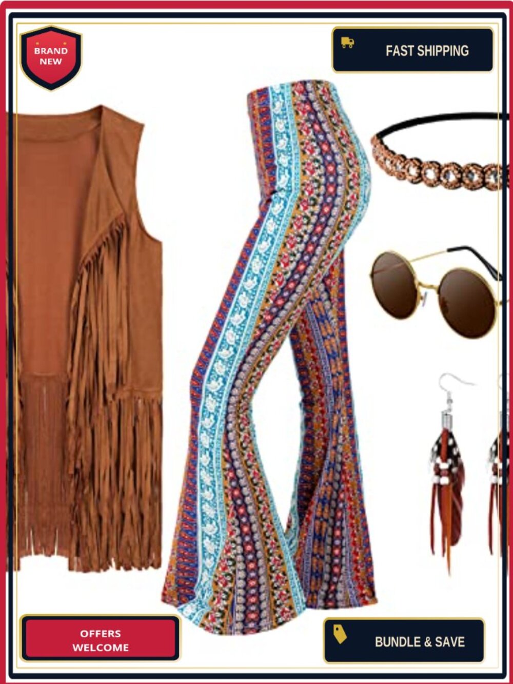 Disco Hippie Costume Set Fringe Vest Flare Pants Boho Accessories Women